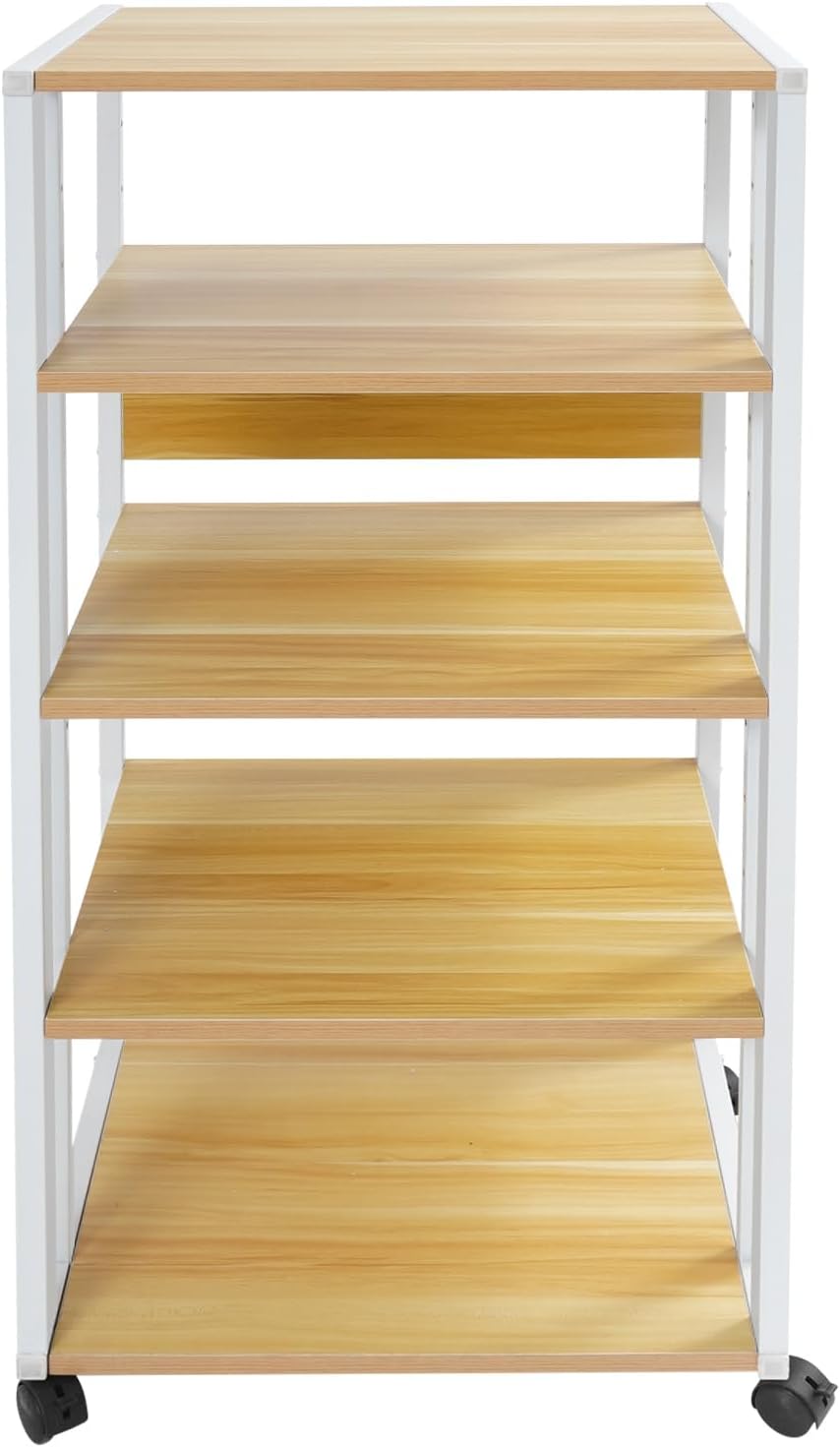 5-Tier Media Stand, Audio Rack Tower Stereo Cabinet with Wheels, CD Record Player Stand Speaker Display Rack with Adjustable Wooden Shelf for Home Theater Studio (White & Wood Color)