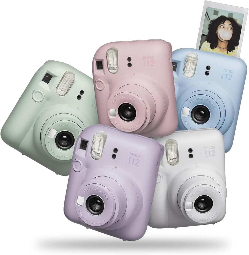 Fujifilm Instax Mini 12 Instant Camera + MiniMate Accessory Bundle & Compatible Custom Case + Fuji Instax Film Value Pack (50 Sheets) Flamingo Designer Photo Album (Lilac Purple)