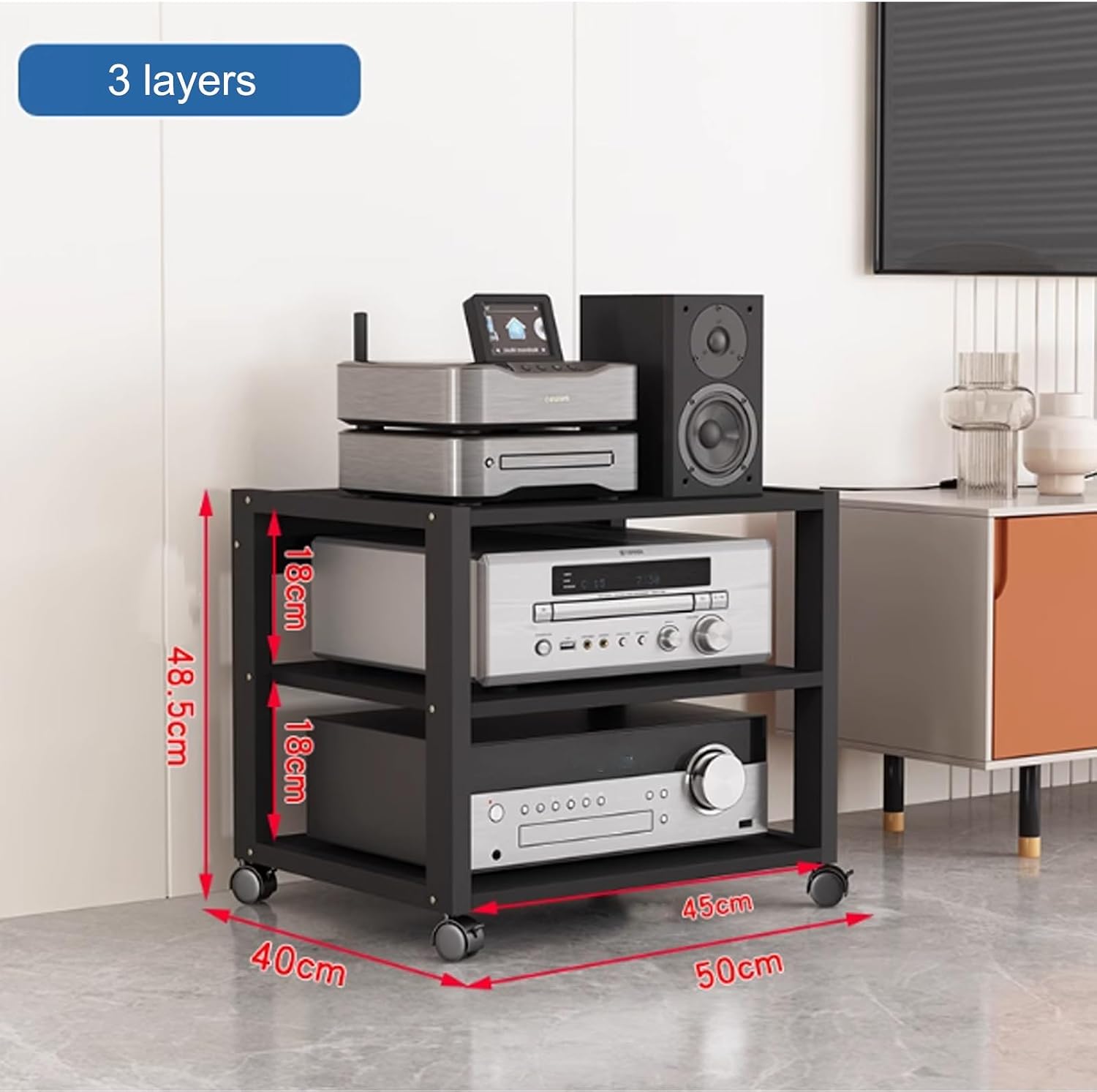 AV Media Stand with Adjustable Shelves,Equipment Rolling Cart Rack Portable 3/4/5 Tier Stereo Cabinet Black Floor-Standing Audio Rack CD Player Stand Home Corner TV Stand Stereo Components Cabinet(50X