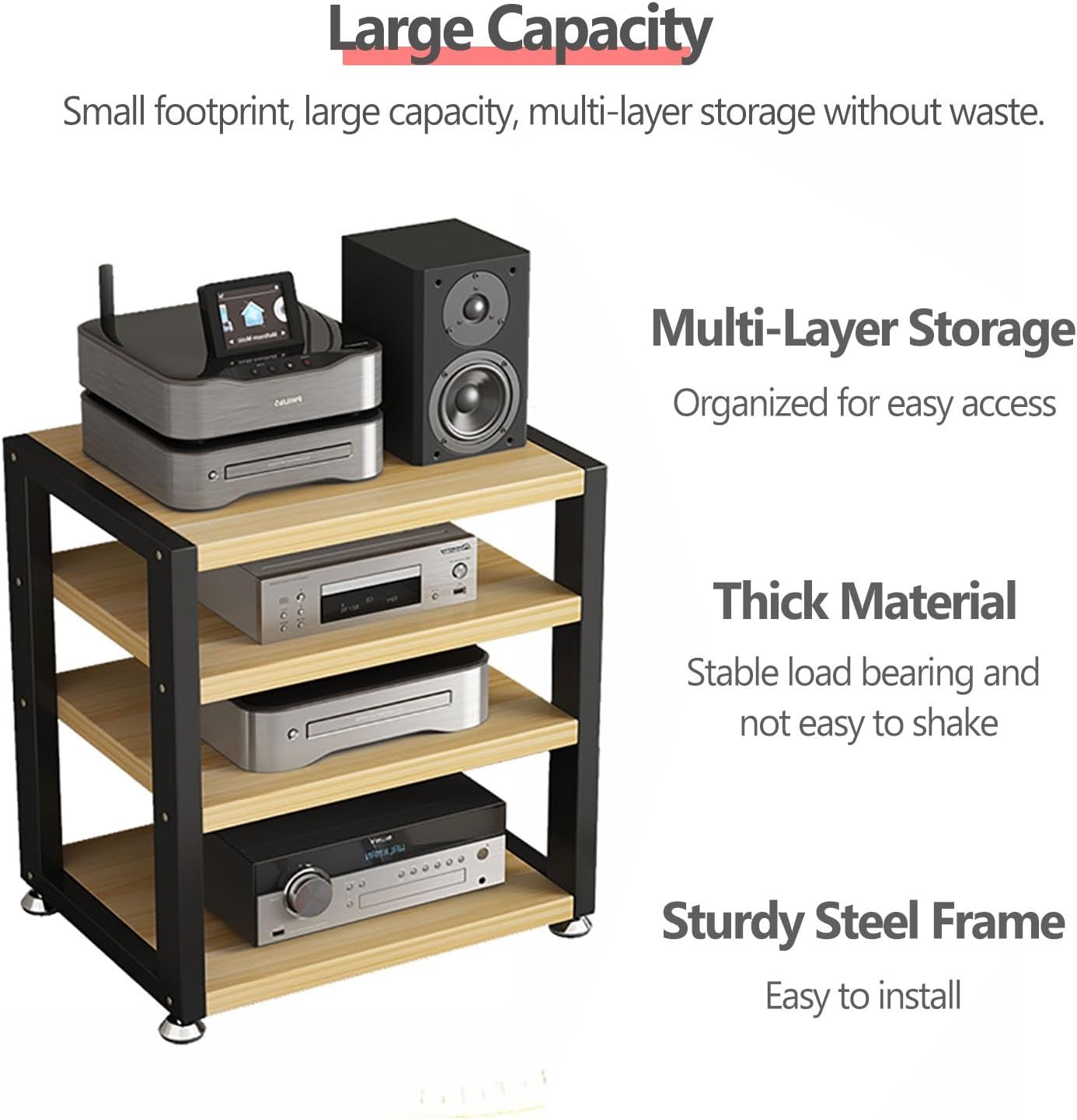Small Media Stereo Stand Equipment Shelf - Free Standing Home & Commercial Audio Component Rack - Entertainment Stand with 25mm Thickened Plate for Soundbar, Woofer, 2-Tiers
