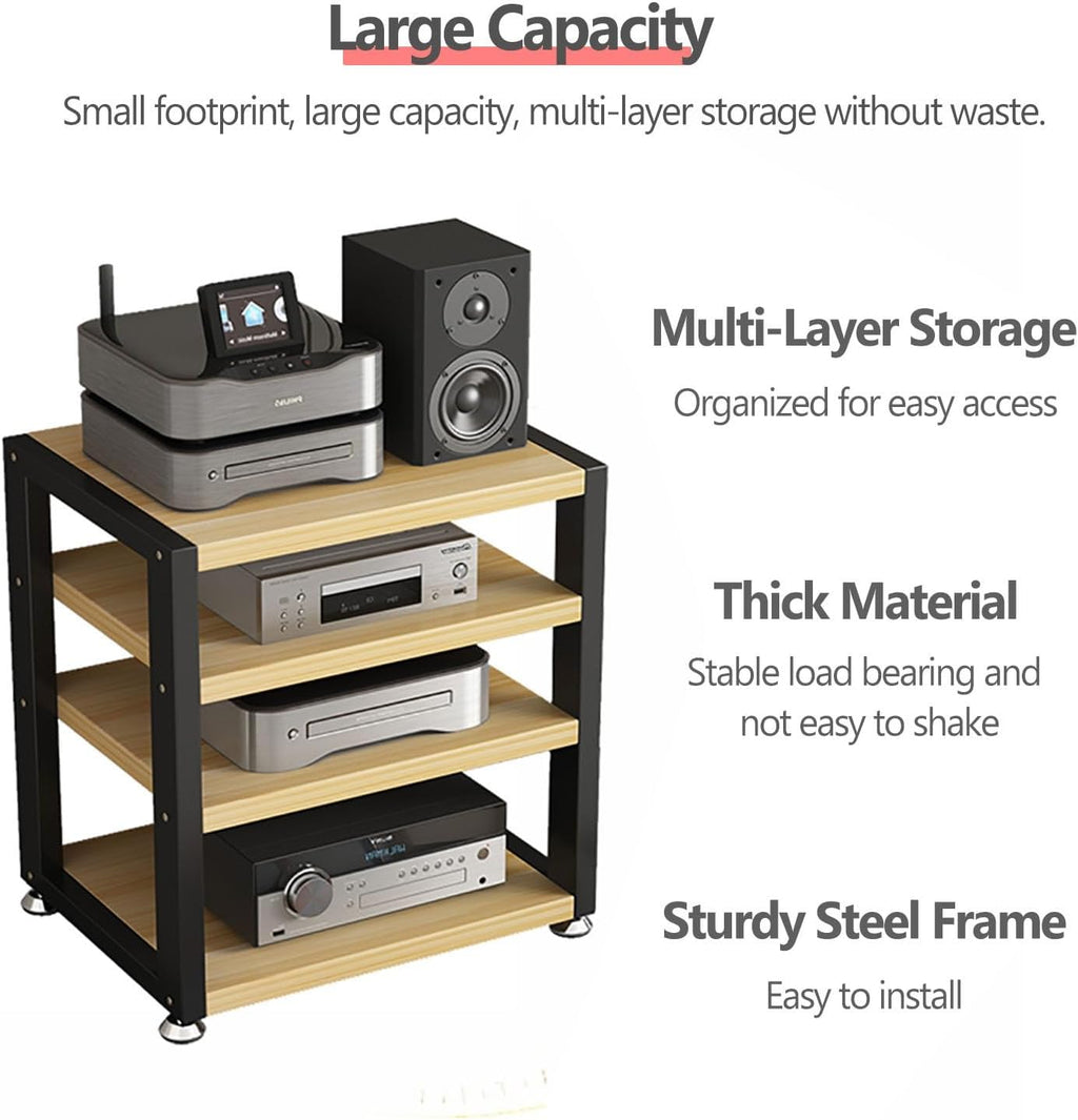 Small Media Stereo Stand Equipment Shelf - Free Standing Home & Commercial Audio Component Rack - Entertainment Stand with 25mm Thickened Plate for Soundbar, Woofer, 3-Tiers