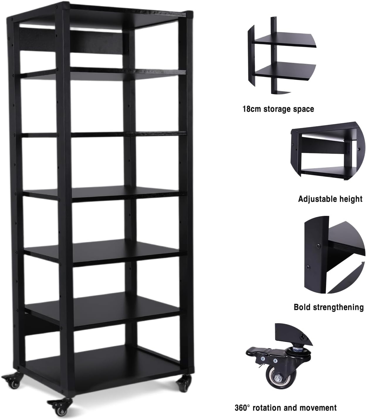 7-Tier Audio Rack Tower, Heavy Duty HiFi Amplifier Stand, Adjustable AV Media Component Cabinet with Wheel, Stereo Receiver & CD Player Display Rack for Home Theater Equipment