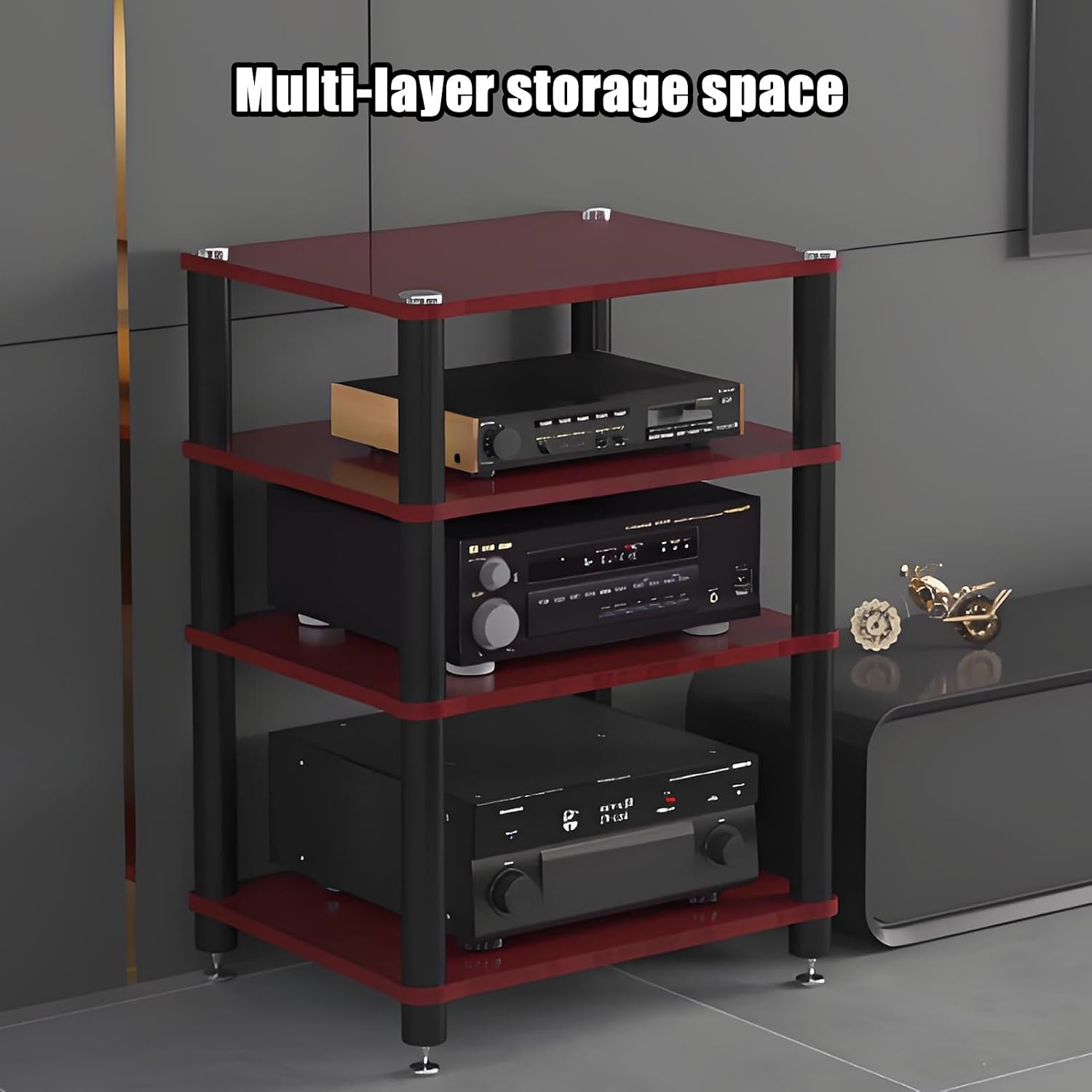 Media Storage Cabinet, Audio Video, Multi-Function Open Storage TV Stand, with Shock-Absorbing Feet Power Amplifier Shelf Equipment Cabinet for Living Room(Black,23.6'x18.8'x31.8')