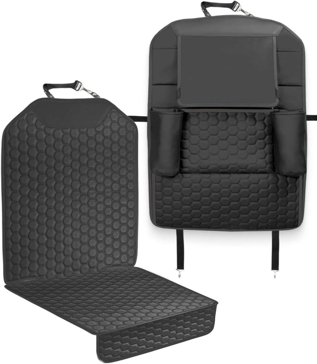 Owleys Set Seat Back Organizer & Car Seat Protector Hexy Waterproof & Non-Slip Protector for Child Car Cushion for Leather and Fabric Seats (Black Set 1)