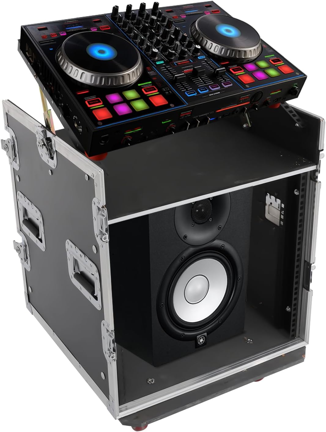 14U PA DJ Rack/Road ATA Case, Network & Stereo Rack with Slant Mixer Tops, Heavy-Duty DJ Work Table Rolling Studio Equipment Cabinet, Amplifier Mixer Storage Stand for Pro Tour Grade, Live Sound