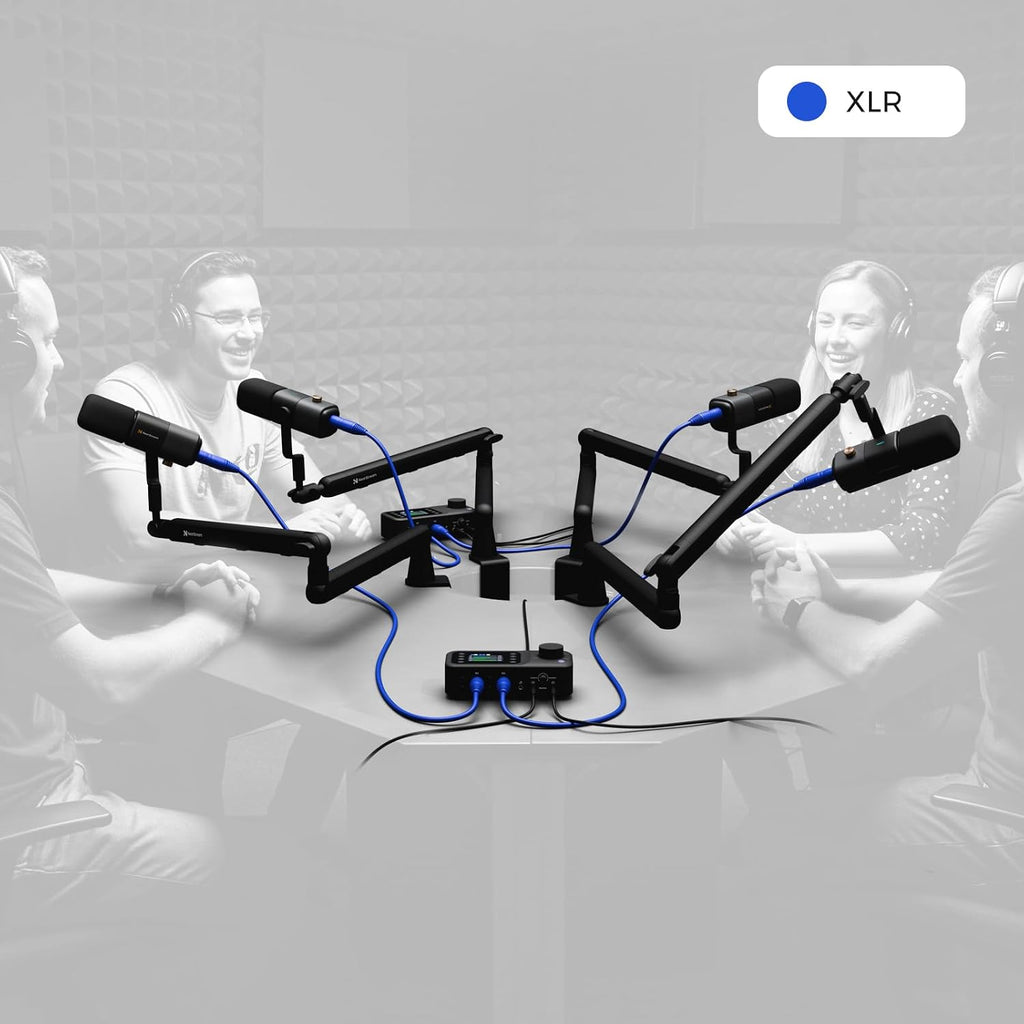 NearStream PodPro Quad Podcast Equipment Bundle for Group Podcast/Sound Creation/Livestream, Audio Setup with 4 Podcast Microphone, 2 Audio Interface, 4 Mic Boom Arm, 4 XLR Microphone Cable