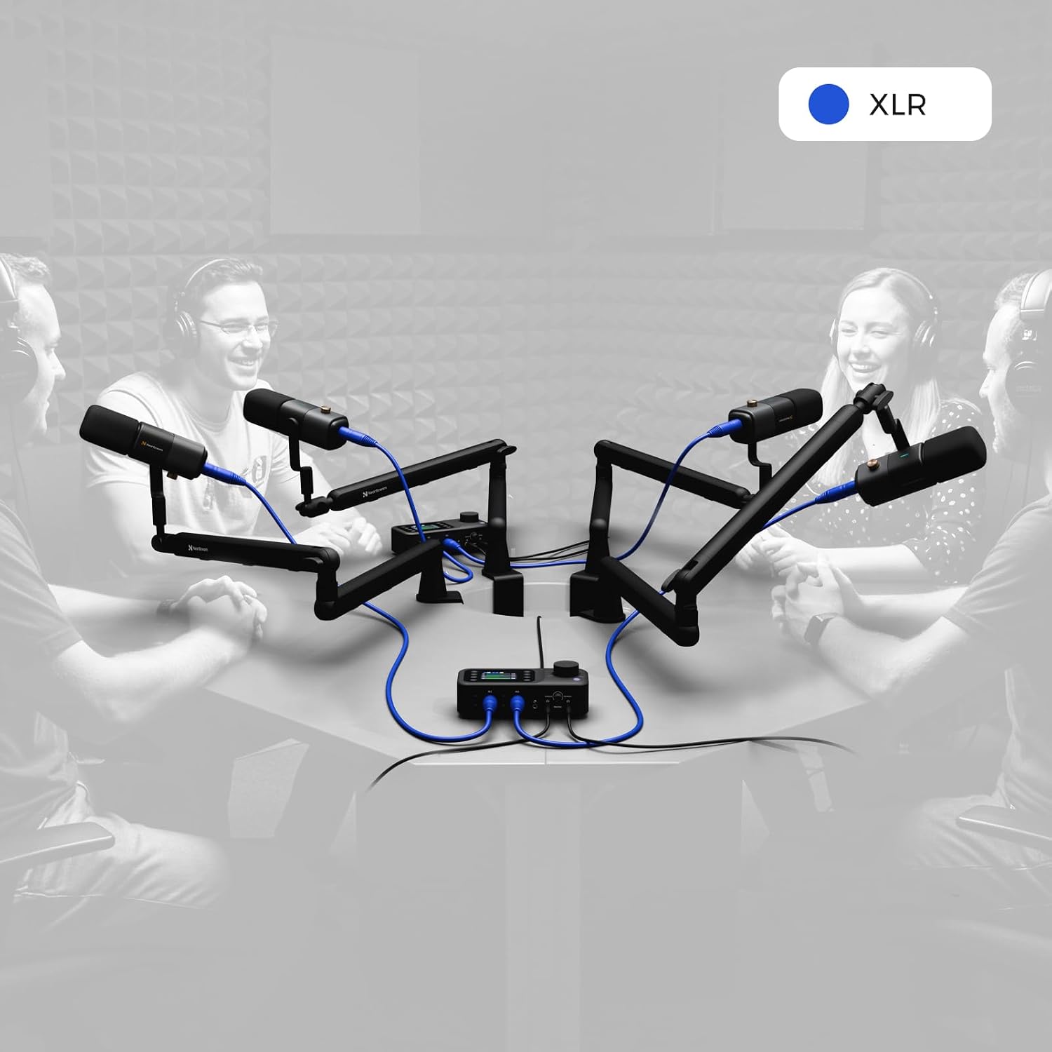 NearStream PodPro Quad Podcast Equipment Bundle for Group Podcast/Sound Creation/Livestream, Audio Setup with 4 Podcast Microphone, 2 Audio Interface, 4 Mic Boom Arm, 4 XLR Microphone Cable