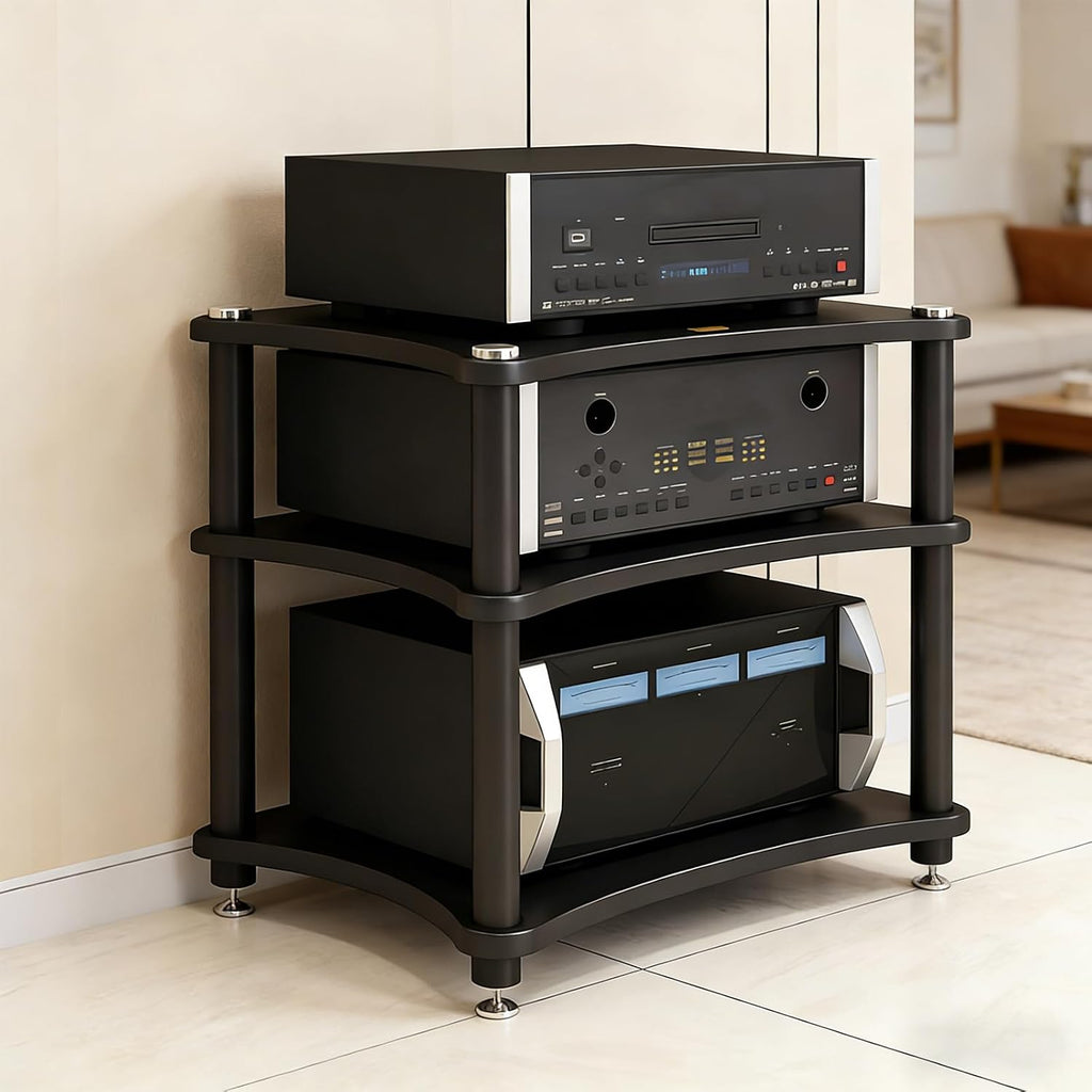 Heavy Duty Audio Component Rack, Large Storage Space AV Media Stand with Shock-Absorbing Foot pegs, Audio Rack Tower CD Player Stand for Home/Office/Audio Video/Theate (Black, 3rd)
