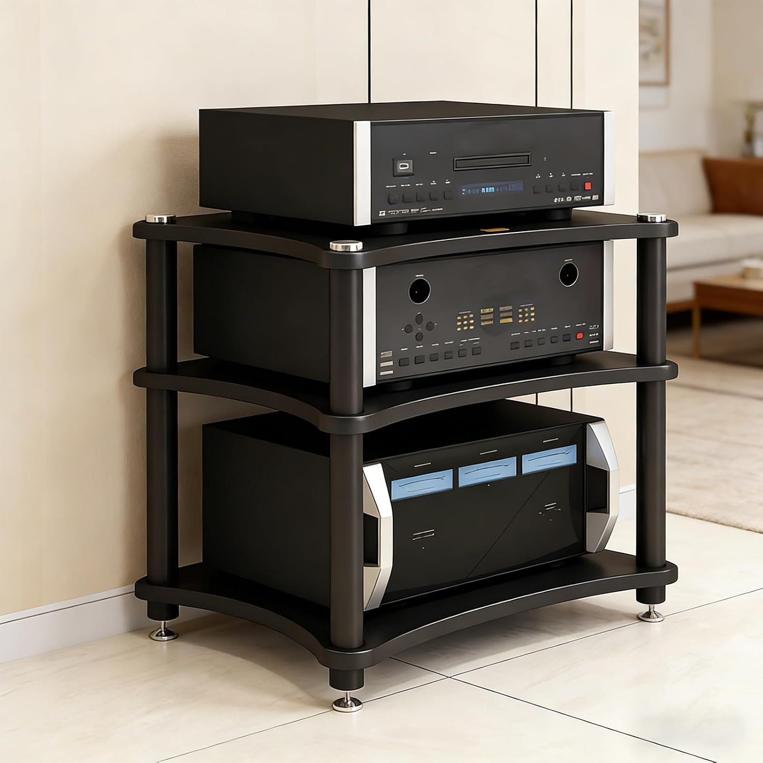 Heavy Duty Audio Component Rack, Large Storage Space AV Media Stand with Shock-Absorbing Foot pegs, Audio Rack Tower CD Player Stand for Home/Office/Audio Video/Theate (Black, 3rd)