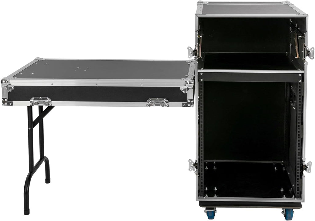 14U PA DJ Rack/Road ATA Case, Network & Stereo Rack with Slant Mixer Tops, Heavy-Duty DJ Work Table Rolling Studio Equipment Cabinet, Amplifier Mixer Storage Stand for Pro Tour Grade, Live Sound