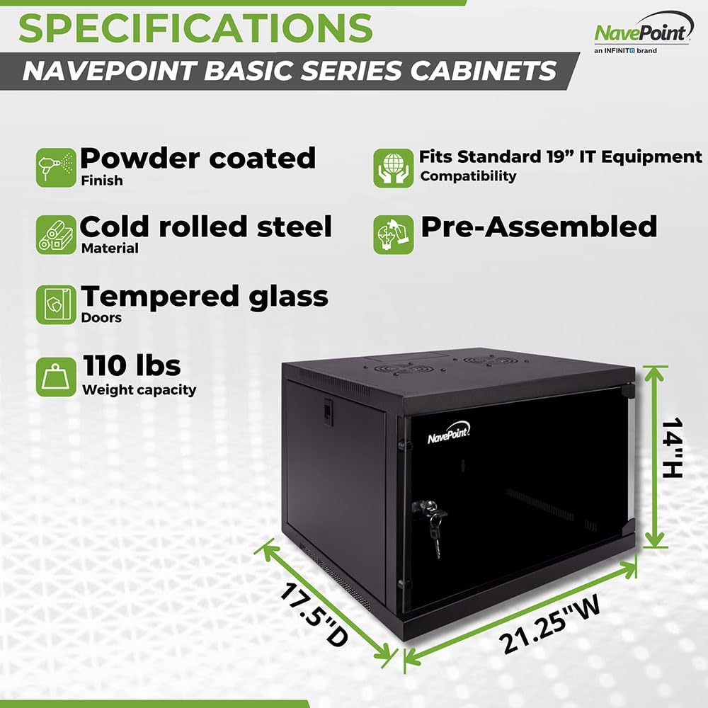 NavePoint 6U Wall Mount Network Cabinet for 19' IT Equipment with Lockable Glass Door & Removable Side Panels, 2 Fans, 17.7' Deep, Pre-Assembled