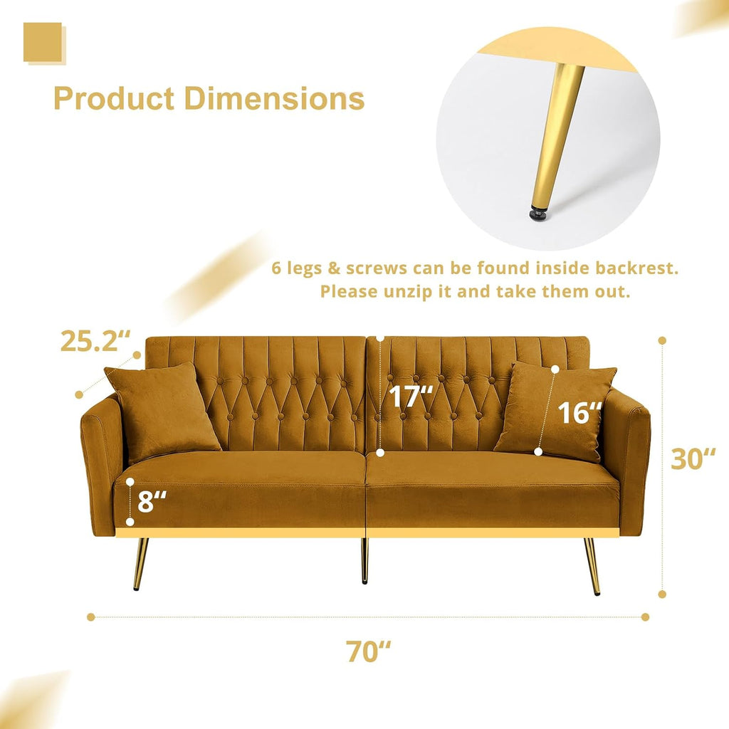 70' Velvet Futon Sofa Bed with 2 Pillows and Adjustable Armrests, Convertible Sleeper Bed W/Adjustable Backrests, Modern Loveseat for Living Room, Bedroom, Ginger