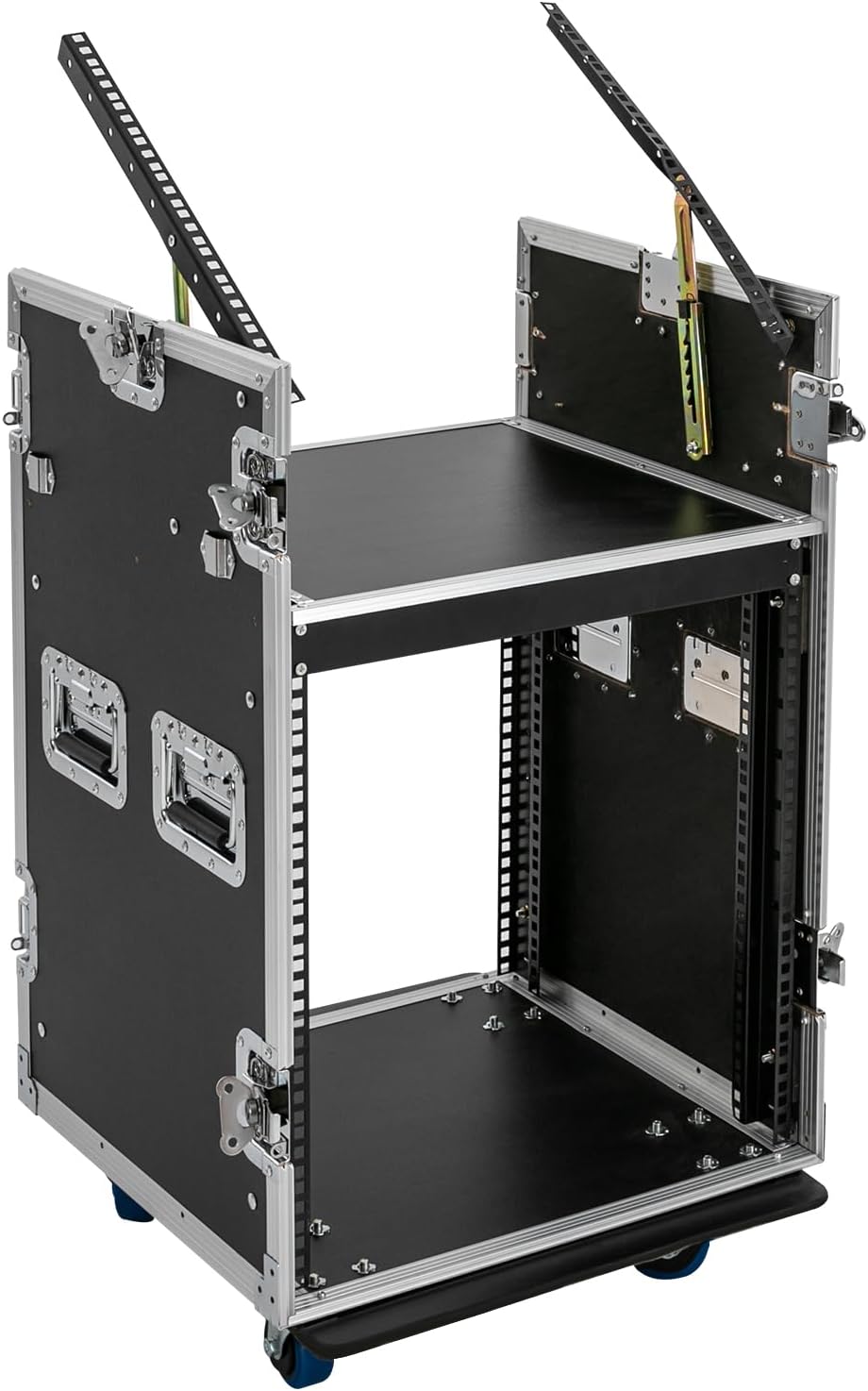 12U Mobile PA DJ Rack Road Case, Network & Stereo Rack with DJ Mixer Tops, Heavy-Duty 2-Tier Studio Equipment Cabinet with 4 Wheels, Amplifier Mixer Storage Stand for Live Sound, KTV, Home Theater