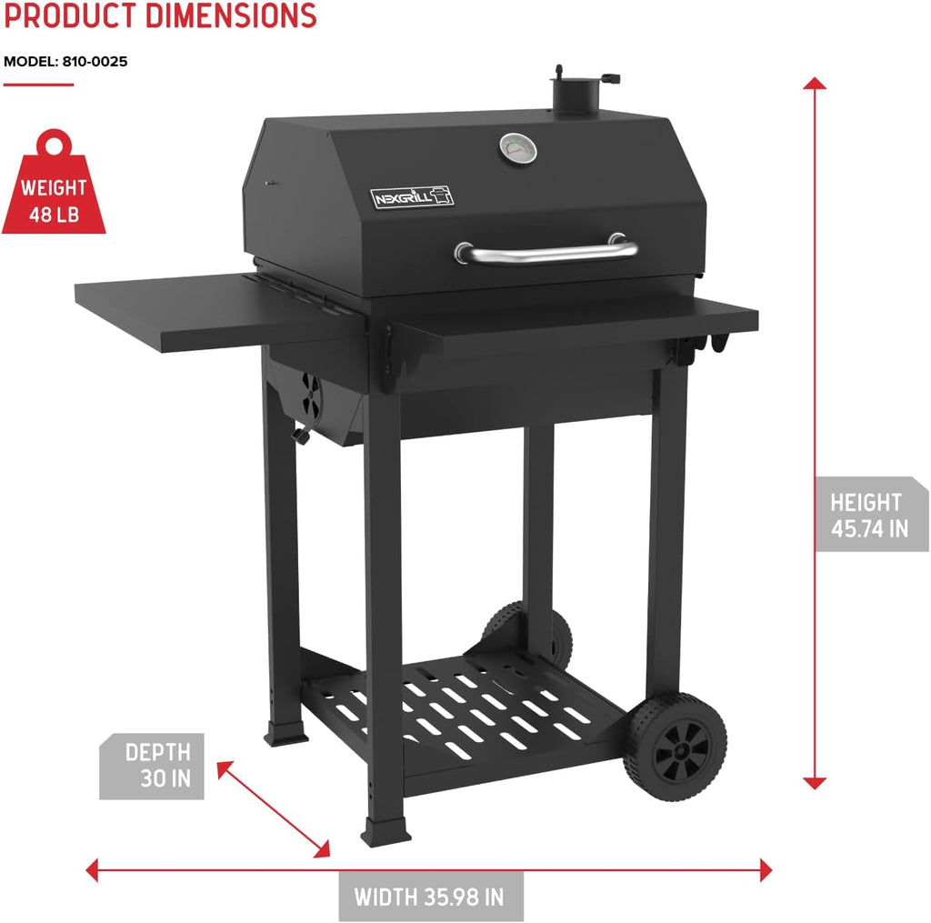 Nexgrill 22' Barrel Charcoal Grill with Side Shelf, 550 SQ In Cooking Space, Adjustable Chimney, Air Dampers, Temperature Gauge, Warming Rack, Smoker Grill for Camping, Picnics, and More - 810-0025