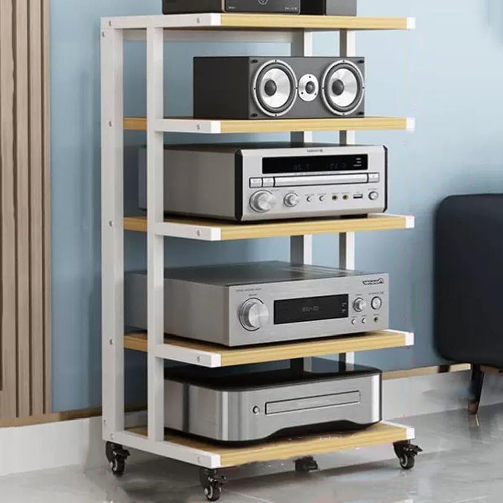 5-Tier Mobile Audio Stand with Wheels - Rolling HiFi Rack for Stereo Components & Av Equipment Storage Adjustable Height Durable Design for Home & Studio Use-White+Walnut-5 Tier
