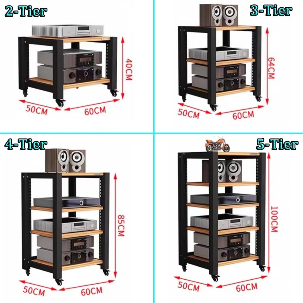 Movable HiFi Audio Rack Adjustable AV Media Components Cabine Stand with Wheels, Heavy Duty Amplifier Storage Cabinet Stereo Shelf Organizer(Teak,3-Tier)