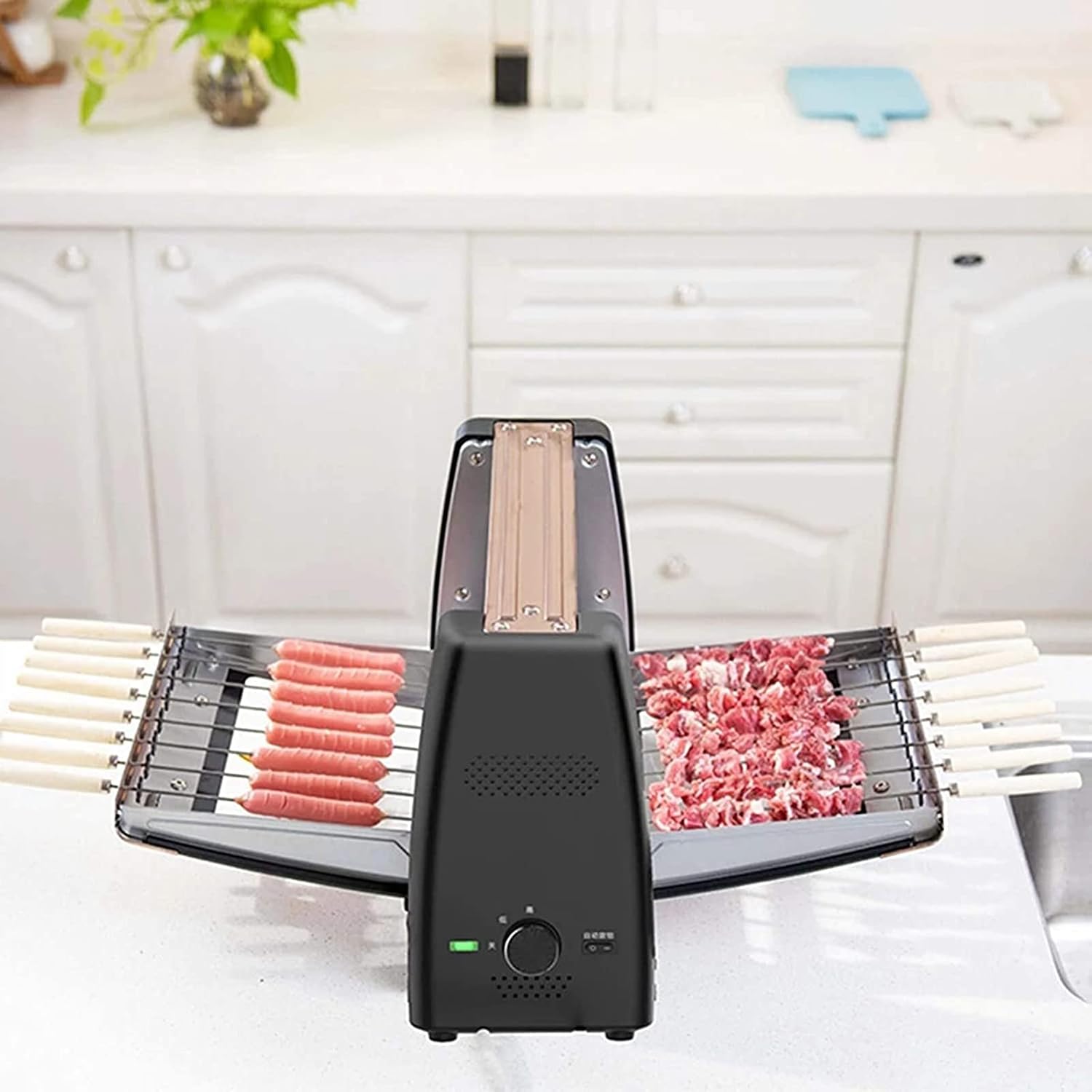 Skewers Barbecue Smokeless Grill,360 Automatic Rotating Lamb Skewers Vertical Grill,2 Stage Temperature Control, Indoor Kitchen Portable Grill