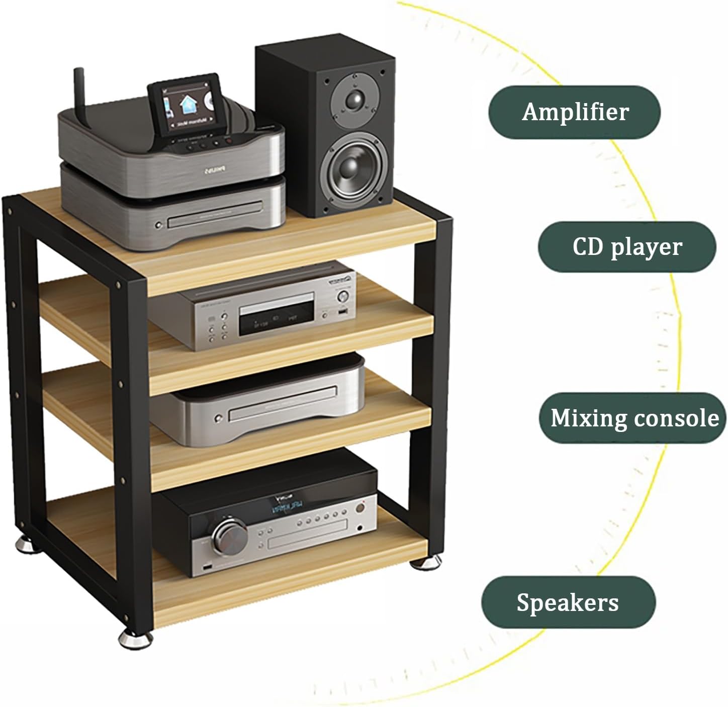 3-Tier Media Stand for Audio Equipment, Modern Stereo Cabinet with Strong Load-Bearing Steel Frame, Compact Storage Rack for Living Room, Black (50x35x35.5cm)