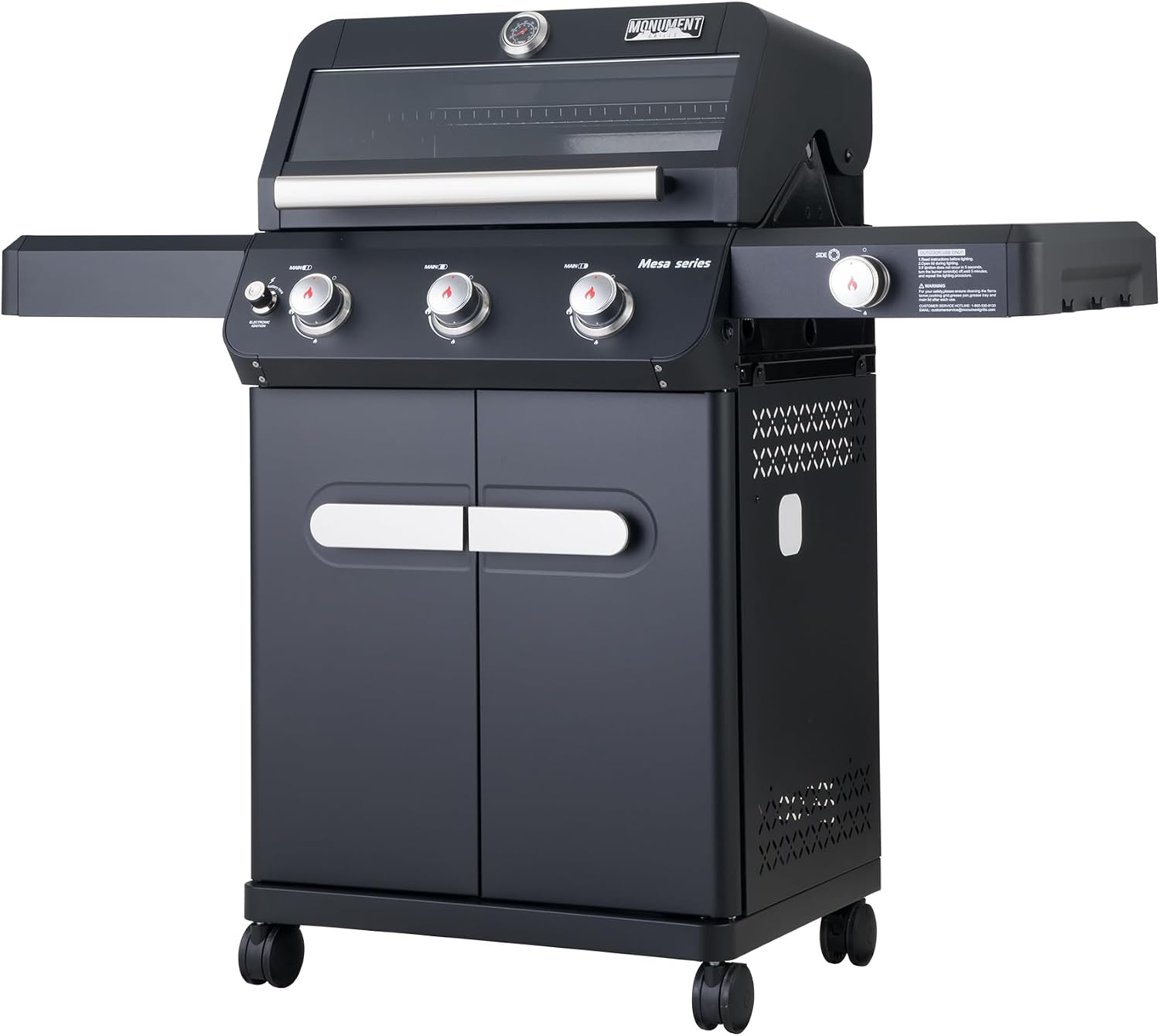 Monument Grills Mesa Series, 3+1 Outdoor Barbecue Stainless Steel Propane Gas Grill, 3 Burners & 1 Side Burner 48,000 BTU Patio Garden Grill with Knob Controls, Mesa325, Black