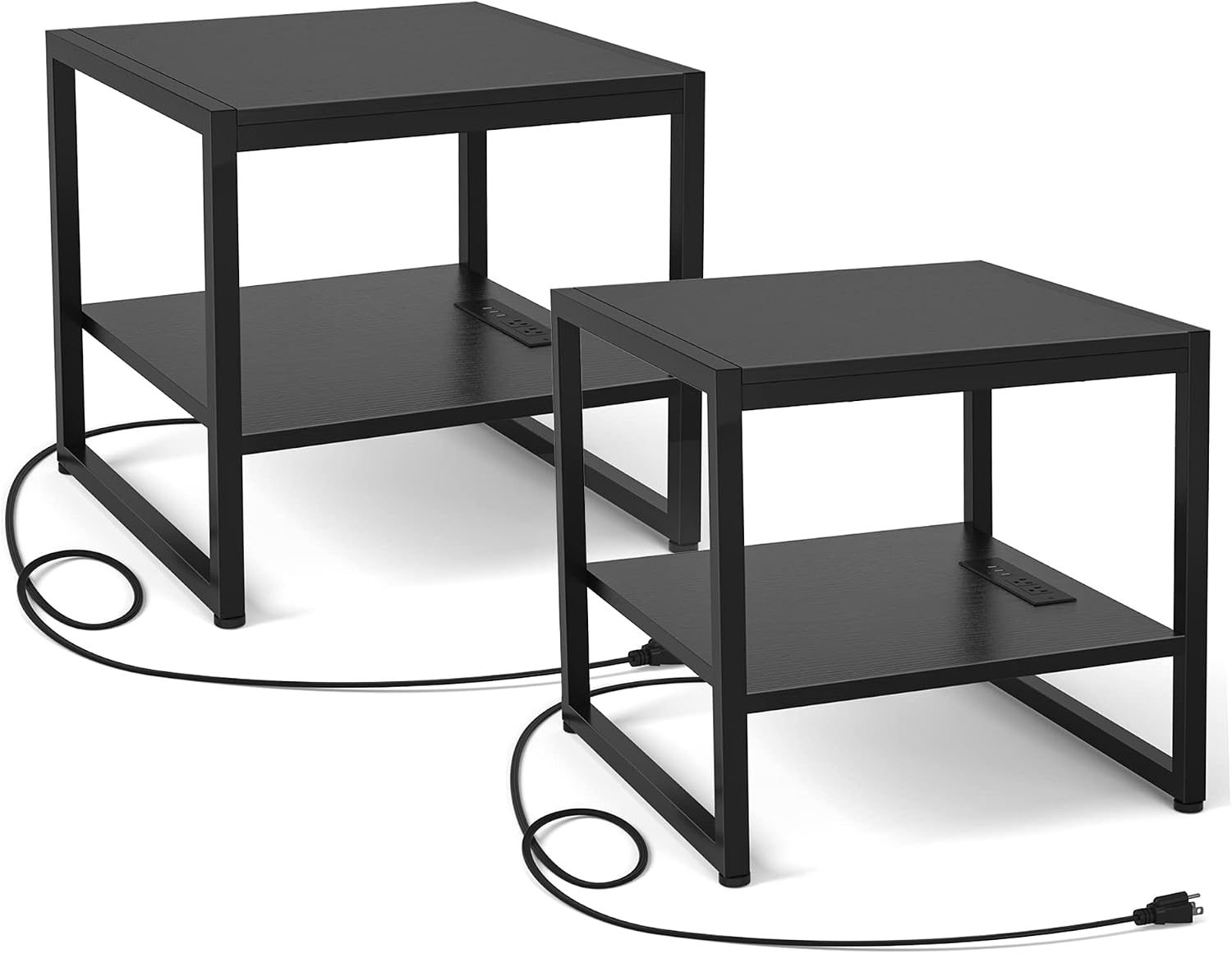 Homieasy End Table with Charging Station, 20' Mini Fridge Stand with Power Outlets, Heavy Duty Side Table for Living Room, Small Table Stand & Fridge Table, Black, 2 Pack