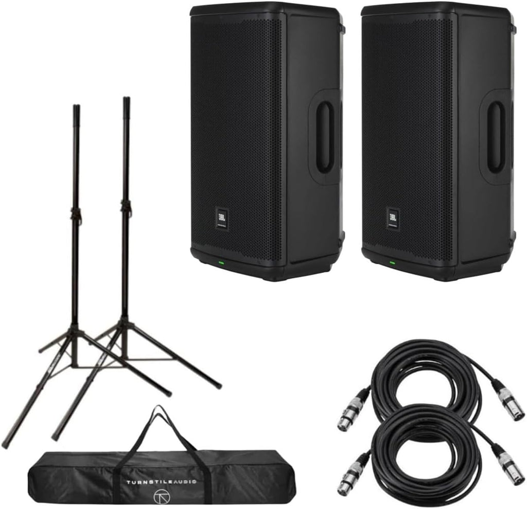 JBL 2x EON712 12' 1300W Powered Portable PA Speaker with Bluetooth and DSP Bundle with 2x Turnstile Audio Height-Adjustable Speaker Stands With Case, 2x 25' XLR Cables