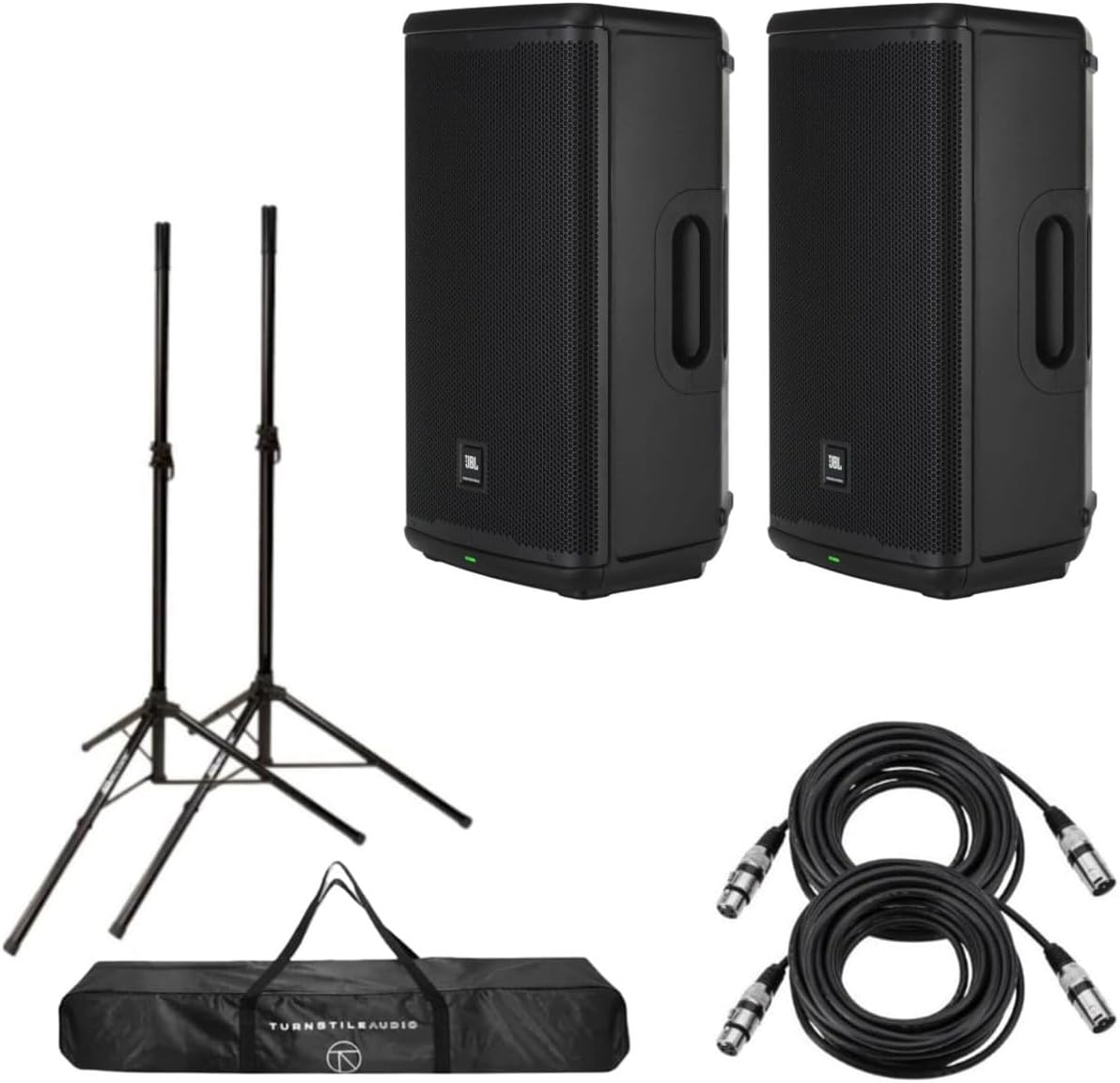 JBL 2x EON712 12' 1300W Powered Portable PA Speaker with Bluetooth and DSP Bundle with 2x Turnstile Audio Height-Adjustable Speaker Stands With Case, 2x 25' XLR Cables