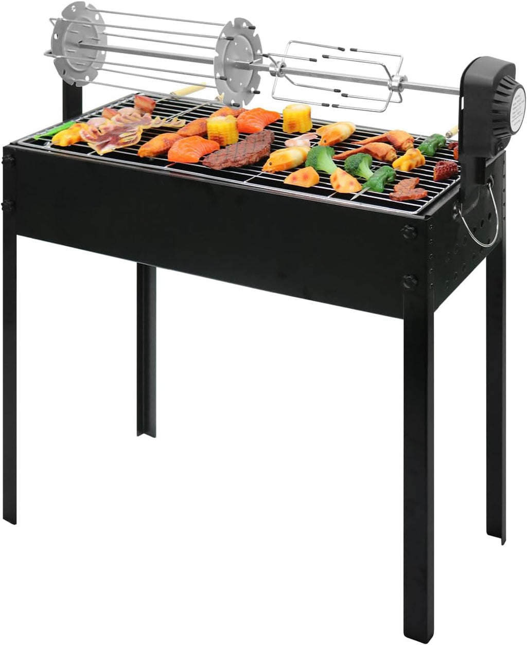 ptlsy Rotating Barbecue Charcoal Grill with Rotisserie Meat Forks & 6-Piece Skewer Set for Outdoor Cooking Camping Hiking Picnics Tailgating Backpacking or Any Outdoor Event