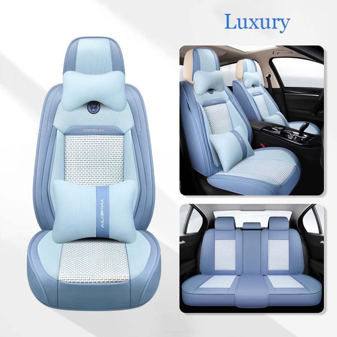 Sky Blue Car Seat Covers Full Set - Leather and Ice Silk Breathable Front and Rear Seat Covers for Women Men, Luxury Car Cushions