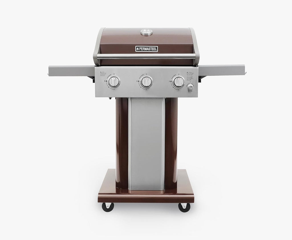 Permasteel 3-Burner Propane Gas Grill, 30,000 BTUs BBQ Grill with Cast Iron Grates, Foldable Side Tables & Tool Hooks, Outdoor Grill, Mocha