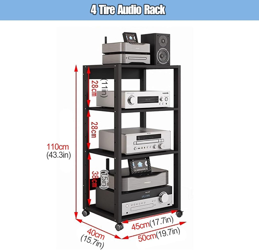 Modern Tall HiFi Racks Audio/Video Component Cabinet, 3/4/5/6/7 Tier Audio Component Rack Tower Media Stereo Stand Equipment Shelves with Wheels, for Home/Office(4 tier-110cm(43.3in))