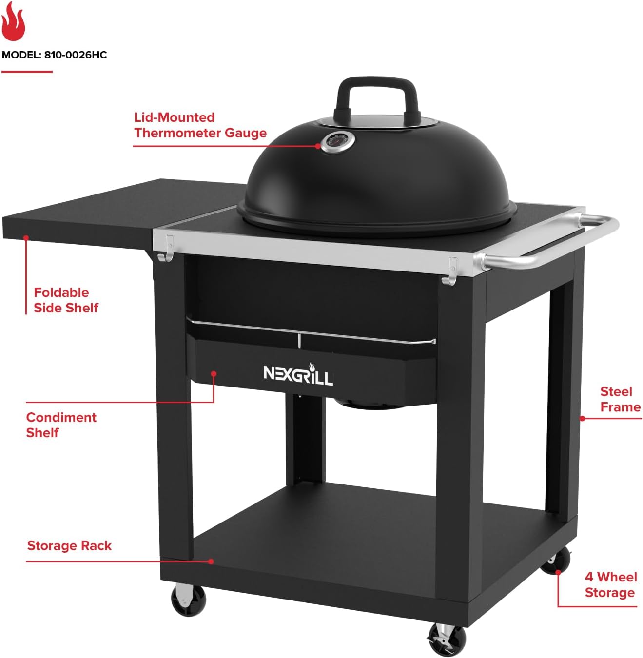 Nexgrill 22' Charcoal Grill with Table Cart and Side Table, 358 SQ In Grate, Adjustable Air Vents, Integrated Temperature Gauge, Mobile Cart Barbecue Grill for Camping, Picnics, and More - 810-0026HC