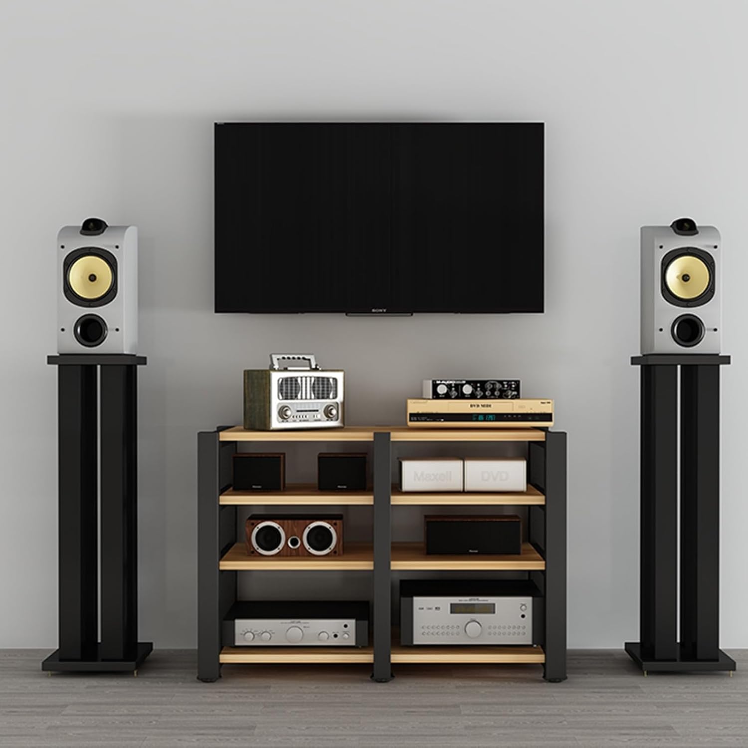 Double Position Audio Rack, Media Stand with Large Storage Space, Open Stereo Cabinet, AV Media Stand with Non-Slip Foot Pad, Modern TV Stand for Living Room, Length 120cm(White,4-Tier)