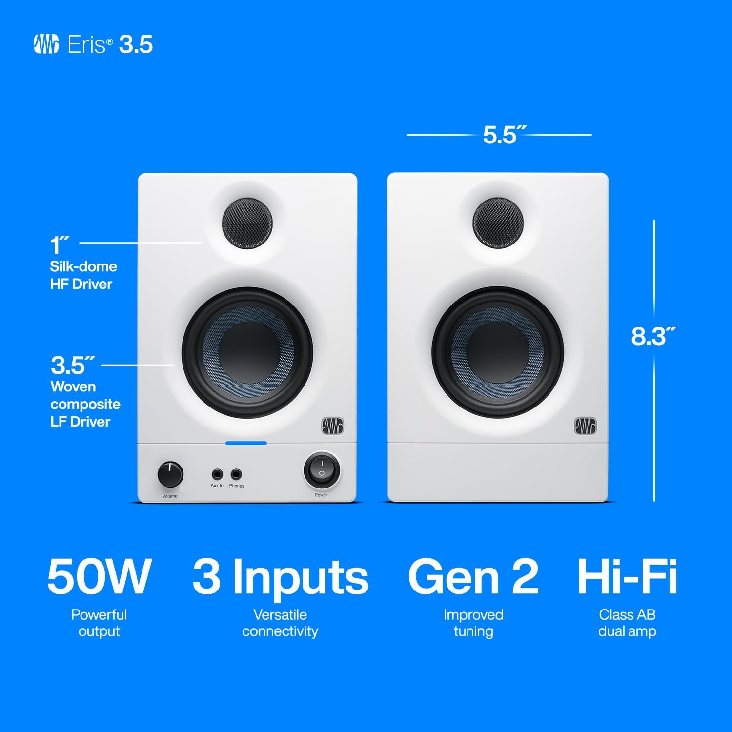 PreSonus Eris 3.5 Studio Monitors (White), Pair — 3.5' Inch Powered Bookshelf Speakers, Stereo, Desktop Computer, Near Field Music Production, Audio Mixing Recording