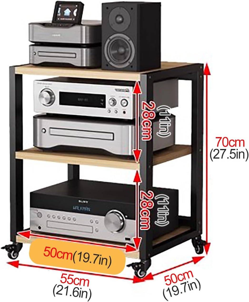 Rolling Audio Component Rack Tower Media Stereo Stand Equipment Shelf, Home Commercial Corner Entertainment Center, Stereo Shelf HiFi Audio Systems, 3 tier-70cm Tall