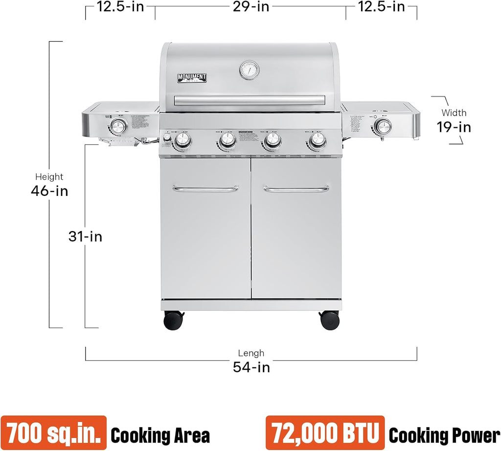 Monument Grills Larger 4-Burner Propane Gas Grills Stainless Steel with BBQ Cover(2 Items), Outdoor Use