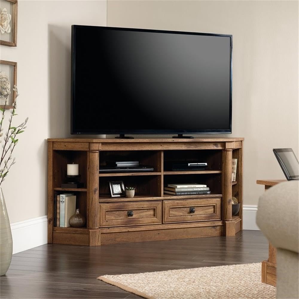 Pemberly Row Corner TV Stand, Engineered Wood, Fits TVs up to 60 in, Vintage Oak Finish, Open Shelving, Adjustable Storage, Drawers with Safety Stops, Cable Management, Space-Saving Design for Living