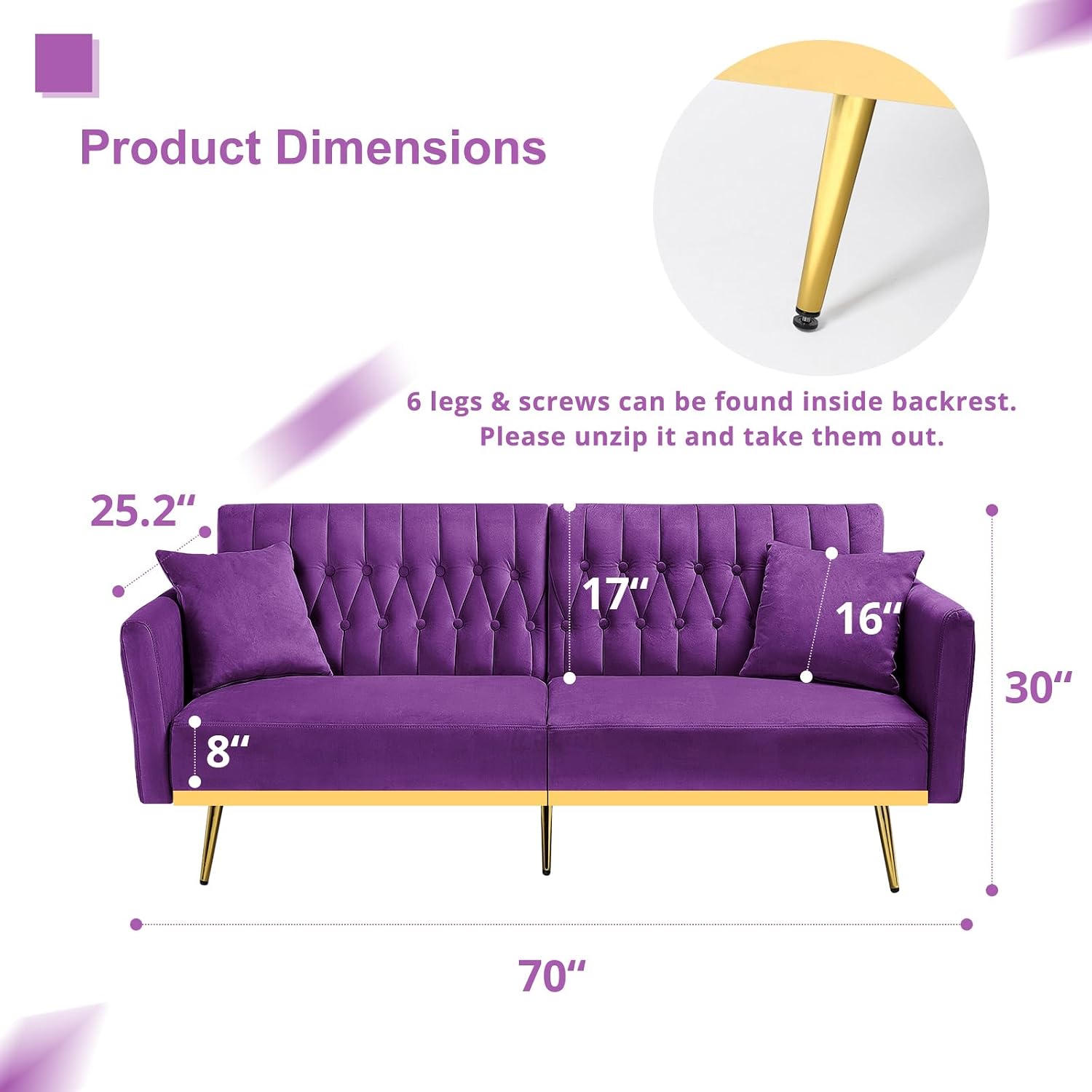 70' Velvet Futon Sofa Bed with 2 Pillows and Adjustable Armrests, Convertible Sleeper Bed W/Adjustable Backrests, Modern Loveseat for Living Room, Bedroom, Purpel