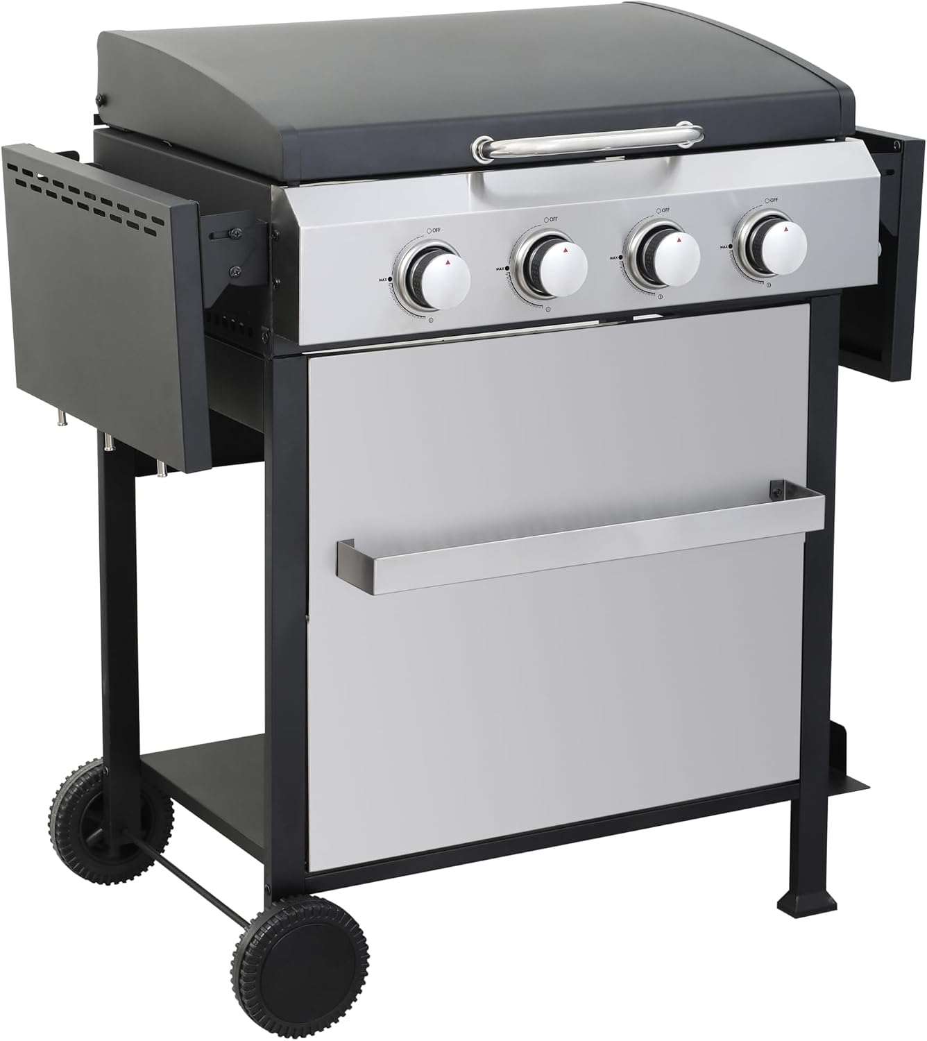 4-Burner Propane Gas BBQ Grill, SS Plancha, 49200BTU Output With Wire Enamel Cooking Grids For Outdoor Barbecue, Foldable Side Table, Hanging Basket, Stainless Steel