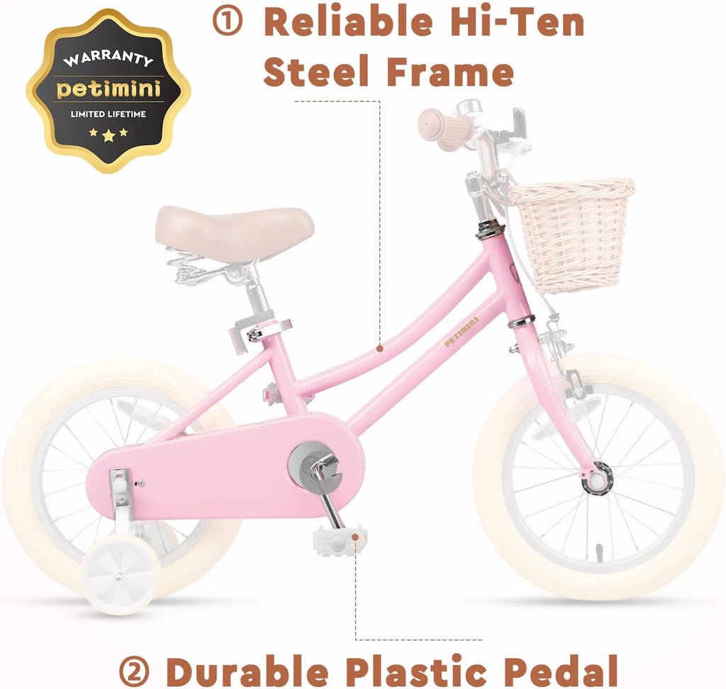 Petimini Vintage Kids Bike for Girls, 12–20 Inch Classic Bicycle with Wicker Basket & Bell, High Tensile Steel Frame, Training Wheels (12–18'), 85% Pre-Assembled, Retro Bike for Outdoor Riding