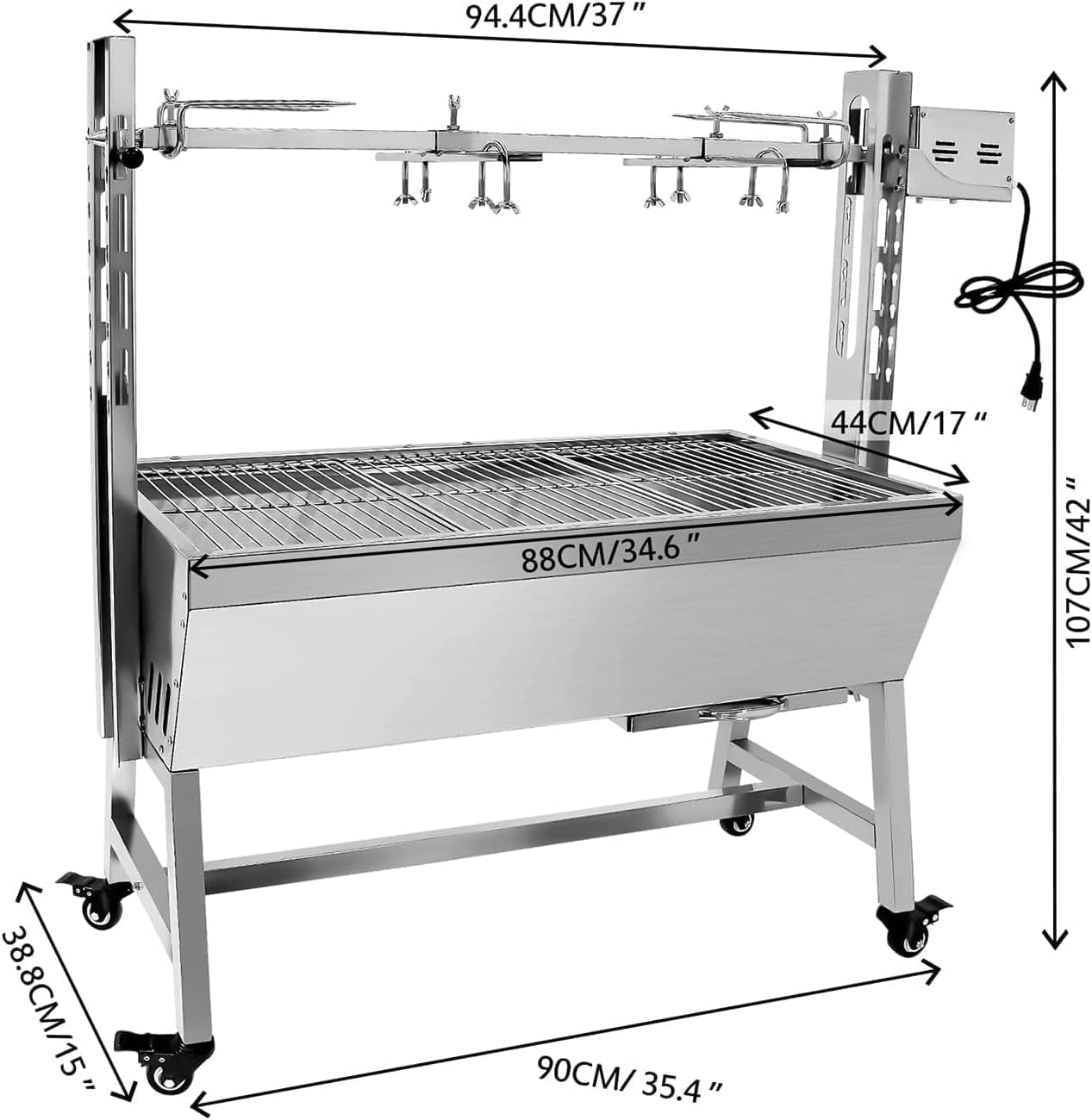 Stainless Steel Rotisserie Grill, 25W Motor Small Pig Lamb Rotisserie Roaster, 37 Inch BBQ Charcoal Grill for Camping Outdoor Kitchen without Baffle