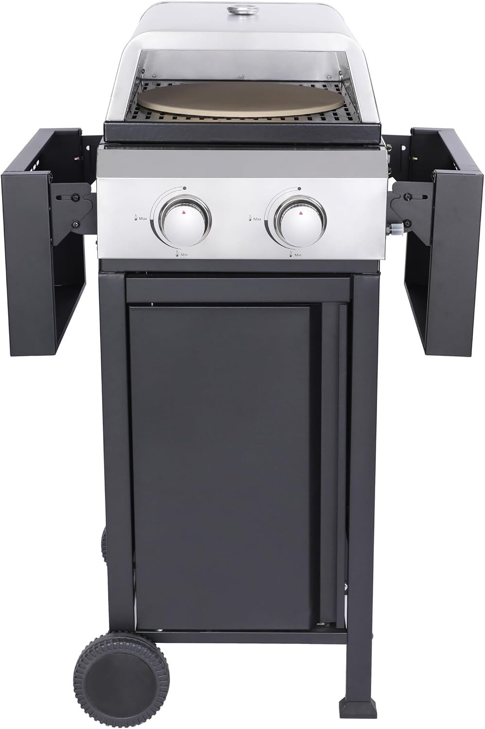 2-Burner Propane Gas BBQ Grill, Pizza Box, 24600BTU Output With Wire Enamel Cooking Grids For Outdoor Barbecue, Foldable Side Table, Hanging Basket, Stainless Steel