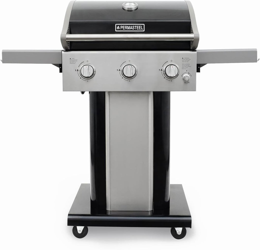 Permasteel 3-Burner Propane Gas Grill, 30,000 BTUs BBQ Grill with Cast Iron Grates, Foldable Side Tables & Tool Hooks, Outdoor Grill, Black