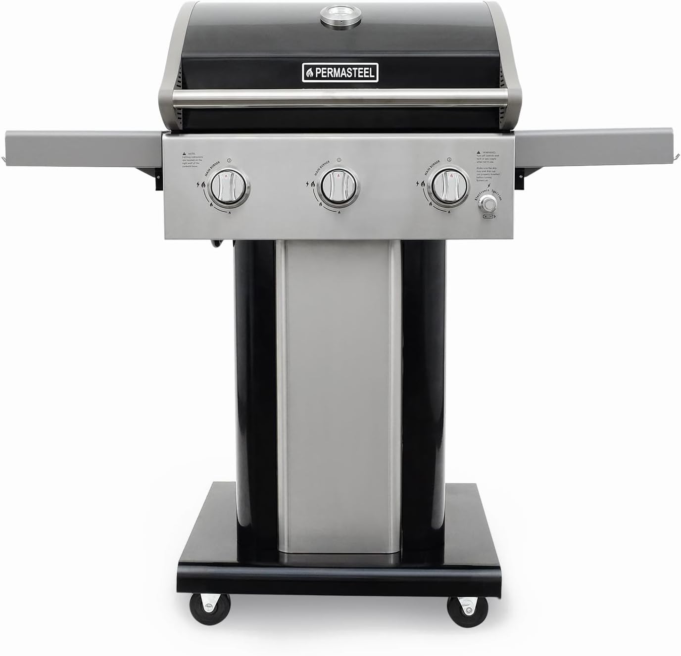 Permasteel 3-Burner Propane Gas Grill, 30,000 BTUs BBQ Grill with Cast Iron Grates, Foldable Side Tables & Tool Hooks, Outdoor Grill, Black