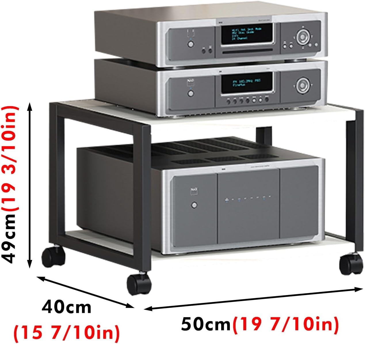 Rolling Audio Component Rack Tower Media Stereo Stand Equipment Shelves, Modern Stereo Cabinet Black White, Hi-fi Separates On Wheels for Home Record Player/DVD(White,2-Layer)