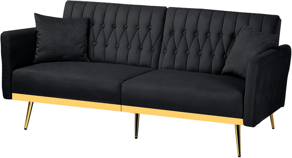 70' Velvet Futon Sofa Bed with 2 Pillows and Adjustable Armrests, Convertible Sleeper Bed W/Adjustable Backrests, Modern Loveseat for Living Room, Bedroom, Black