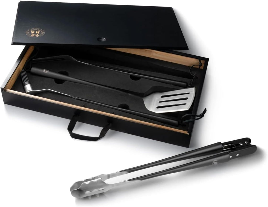Schmidt Brothers - BBQ Carbon 6, 4-Piece Grilling Accessory Set, Full-Forged Stainless Steel Grilling Utensils Including Spatula, Fork, Basting Brush, and Tongs with All Wood Handles