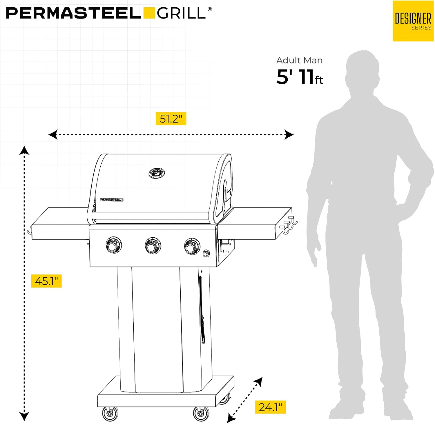 Permasteel 3-Burner Propane Gas Grill, 30,000 BTUs BBQ Grill with Cast Iron Grates, Foldable Side Tables & Tool Hooks, Outdoor Grill, Azure
