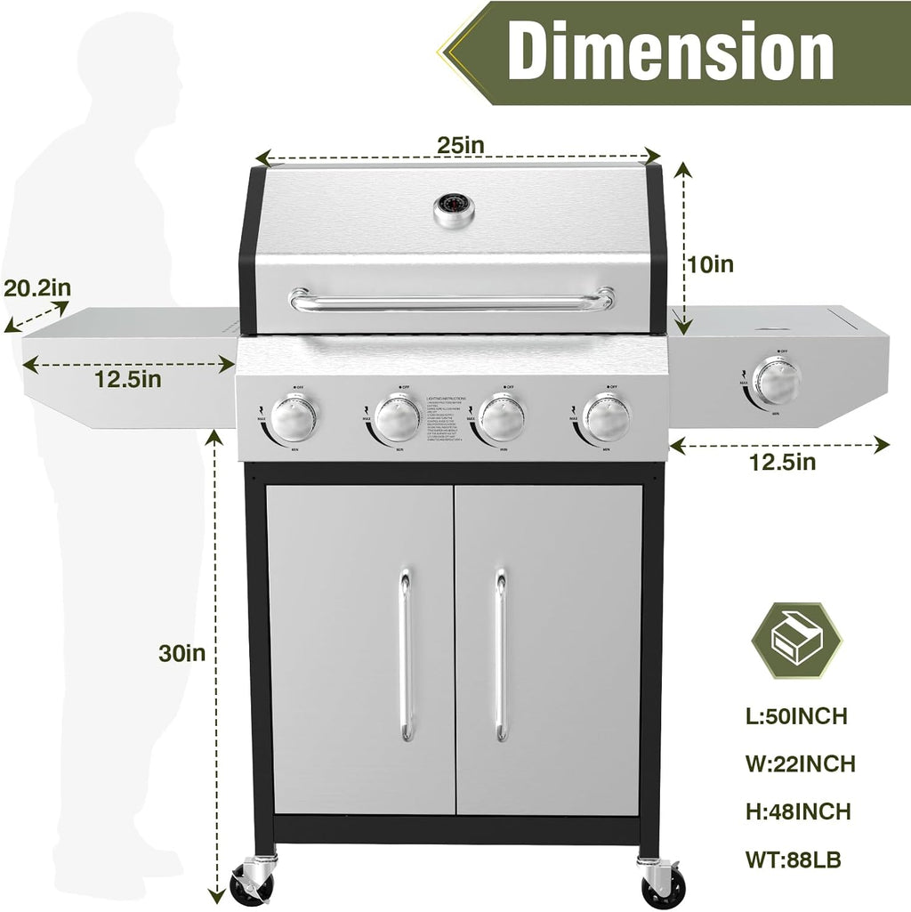BESTFIRE 60,000 BTU 4+1 Burner Propane Gas Grill - 647 sq. inches Stainless Steel Outdoor BBQ with Porcelain-Enameled Cast Iron Grates, Side Burner & Storage Cabinet for Patio and Backyard Cooking