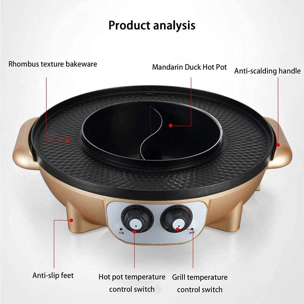 Korean BBQ Grill Electric Hot Pot Mandarin Duck Hot Pot Dual Temperature Dual Control Adjustable Hot Pot Barbecue Integrated Pot Smokeless,Black (Color : Gold)