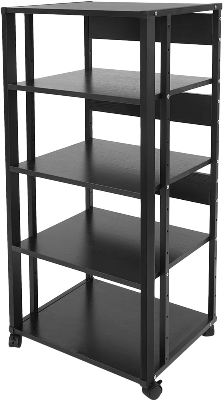 5 Tier Media Stand for Audio/Video, CD & Record Player Storage Cabinet with Lockable Wheels, AV Equipment Display Rack, 110 lbs Capacity, Stylish Black Tower for Living Room